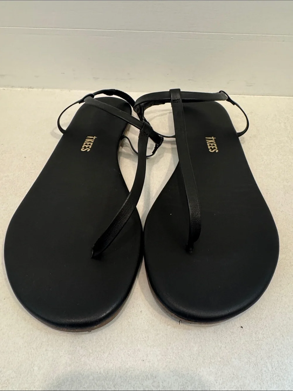 TKEES Black Minimal T-Strap Leather Sandals